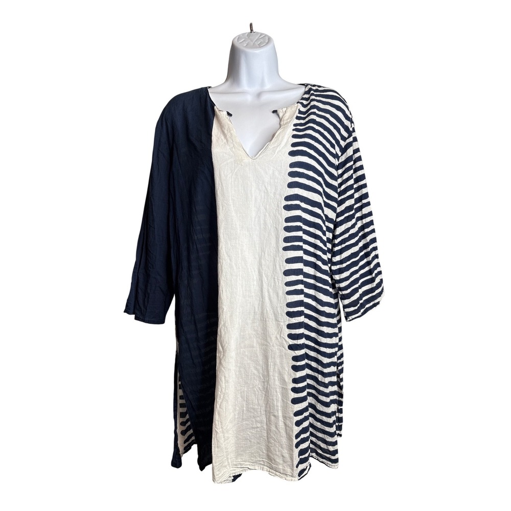 SHIRALEAH CHICAGO Womens Navy Cream‎ Striped V Neck Tunic Dress Coastal Preppy